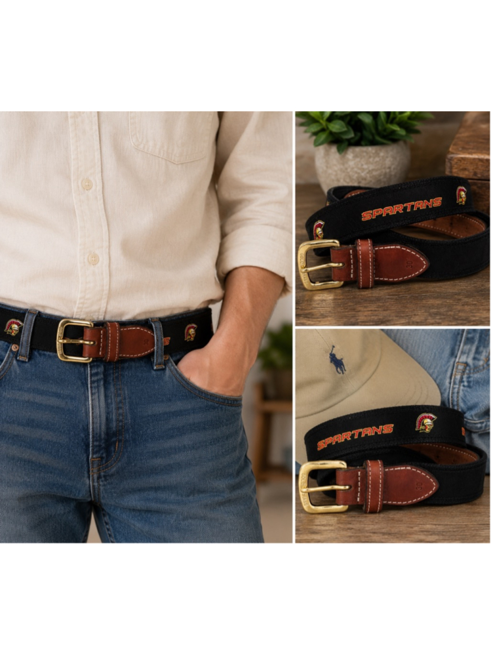 Vintage Spartans Embroidered Canvas & Leather Belt Size 30 Black Brown Brass Buc